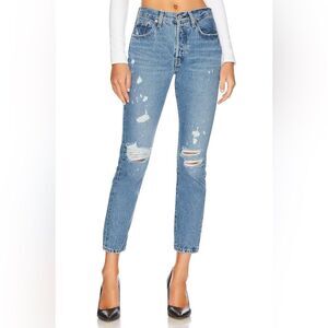 LEVI’S Premium 501 Skinny Medium Wash Distressed Blue Jeans Womens Revolve 26x28